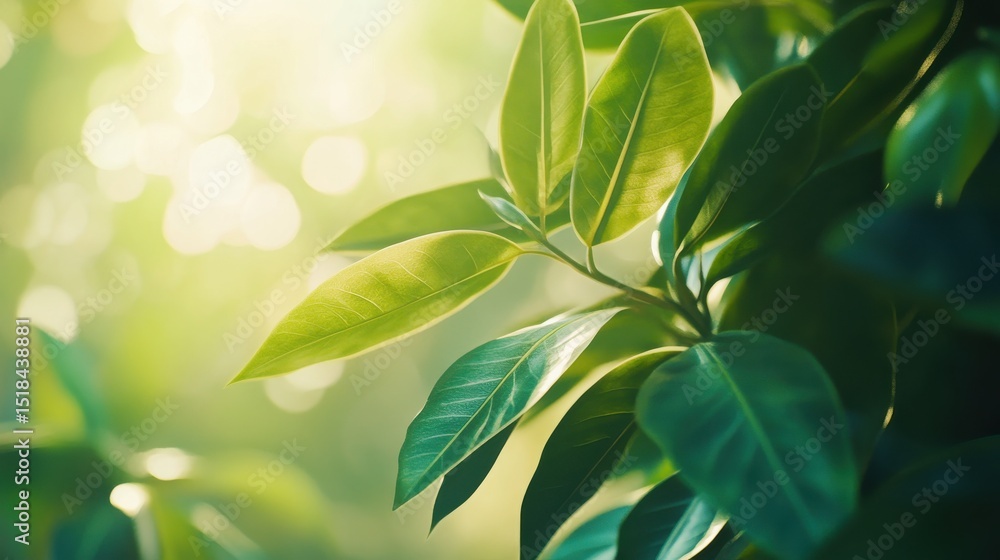 Aufkleber sunlight filters through fresh green leaves, creating a serene and dreamy natural background with bo
