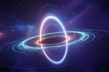 A view of a black hole with swirling matter and light in deep outer space art