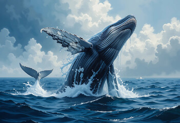 PNG vector of a whale breaching the water surface in dramatic oil brushwork.
