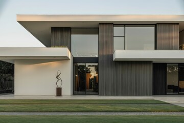 Exterior view of a modern house with sculpture and large windows at daytime