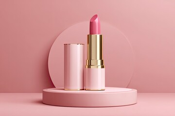 Lipstick with a pink hue stands next to its lid on a round podium set against a matching pink backdrop with a circle shape