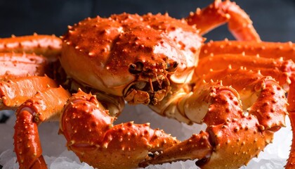Delicious Red King Crab on Ice Close Up Fresh Seafood Gourmet Dish