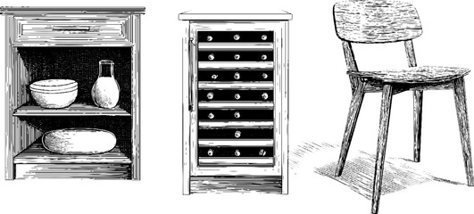 Engraved illustration set featuring bar cabinet, wine accessories, and wooden furniture design
