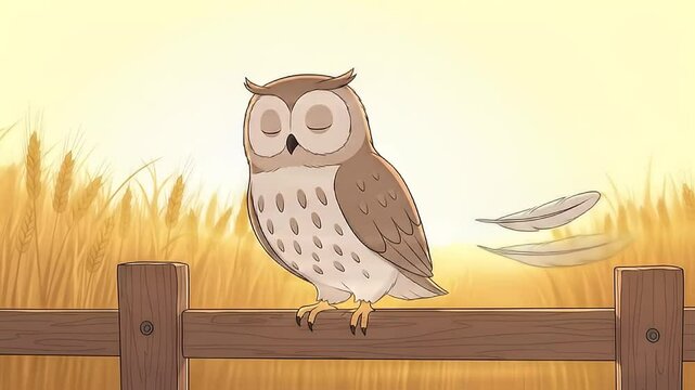 Cartoon owl on wooden fence with soft feather animation in wheat field during golden hour