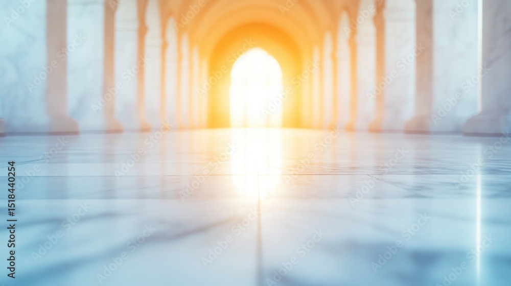 Poster light shines through arched corridor creating a serene atmosphere