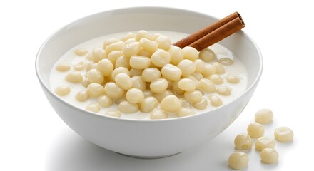 Canjica branca with cinnamon stick in white bowl