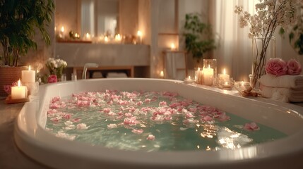 Luxurious ceramic bathtub oasis with rose petals and candlelight