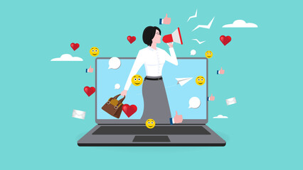 online video marketing, product advertisements or video content from influencer, live stream on online marketplace to promote brand or product, confidence woman with megaphone on computer laptop