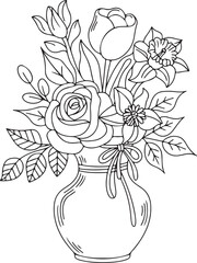 Floral Bouquet silhouette in Decorative Vase &ndash; Black and White Line Art for Coloring Pages | Elegant Vase with Beautiful Outline of Flowers and Leaves for Coloring