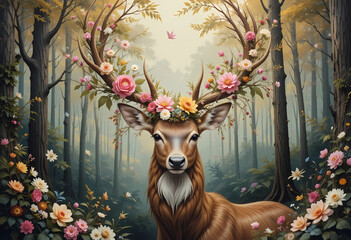 Oil-painted forest deer with antlers adorned in flowers, elegant and vivid composition.
