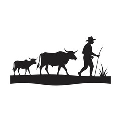 Farmer Walking Beside Oxen In Field