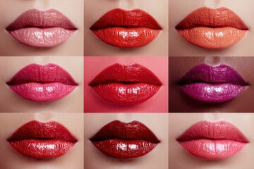 Obraz premium Nine glossy lip swatches are arranged in a 3x3 grid showcasing various lipstick colors on neutral skin creating a makeup display