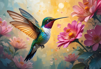 PNG vector of a hummingbird mid-flight, sipping nectar, in vibrant oil paint colors.
