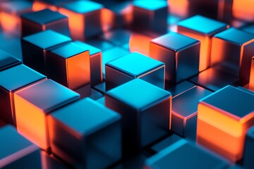 Obraz premium 3d render Abstract minimalist geometric background Bright blue and orange neon light glowing in the dark Modern aesthetic wallpaper