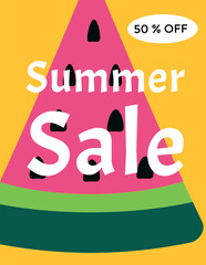 Summer sale poster with watermelon. Banner for seasonal promo. Vector illustration