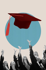 Composite artwork photo collage trend template of crowd student man lady pull hat up graduate...