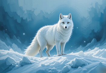 Arctic fox standing in the snow, cool oil textures in icy blue and white shades.
