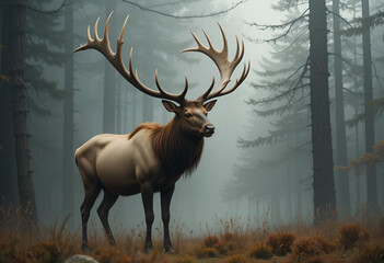 PNG of a majestic elk with sprawling antlers, standing in a misty oil-painted forest.

