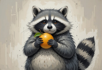 Chubby raccoon holding a fruit, painted in playful style with thick brush lines.
