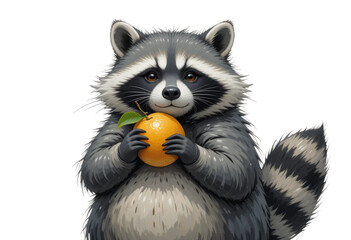 Chubby raccoon holding a fruit, painted in playful style with thick brush lines.
