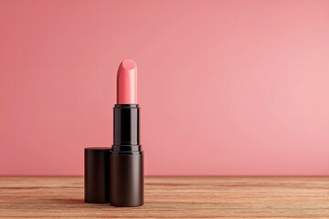 Pink lipstick standing open on a wooden table against a pink background