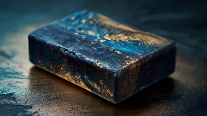 Artisan soap bar with gold accents on a textured surface, dark blue and black.