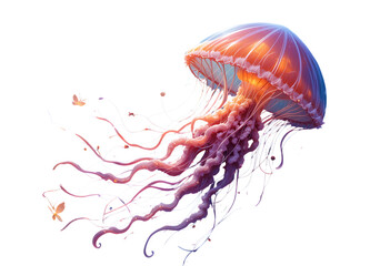 Vector of a jellyfish drifting underwater, glowing tentacles and fluid oil paint style.
