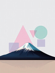 A stylized illustration of mount fuji with geometric shapes in pink green and purple on a light background
