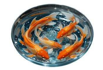 Oil-painted goldfish in a round bowl with rippling water and glass reflections.
