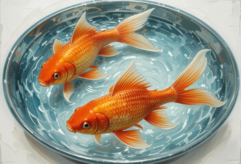 Oil-painted goldfish in a round bowl with rippling water and glass reflections.
