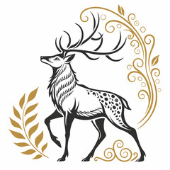 Ornate deer logo with symmetrical antlers and gold highlights vector illustration