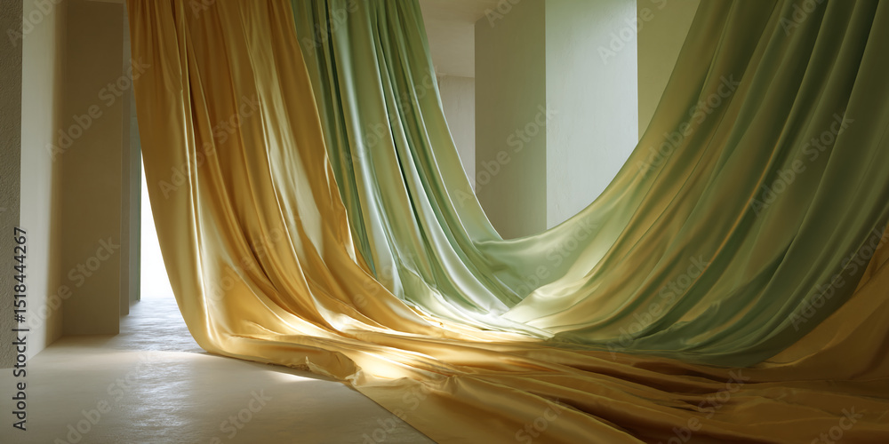 Poster golden and sage green silk drapes pool on floor in minimalist room, creating elegant, flowing showca