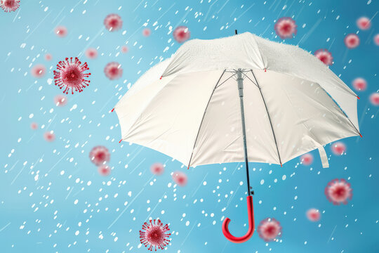 White umbrella protecting from red virus particles in rain - Powered by Adobe