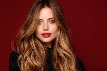 Fototapeta premium Portrait of a woman with wavy blonde hair red lipstick and blue eyes against a dark red background