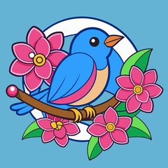 Fototapeta premium Delicate Bird Blooming Branch Logo Vector Illustration