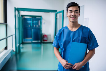 Asian man wearing blue scrubs standing in hospital corridor holding blue folder, copy space
