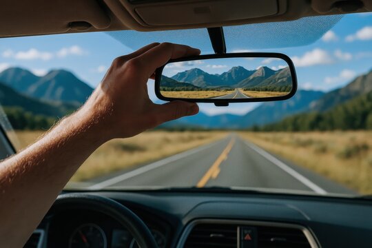 A hand adjusts a car's rearview mirror, reflecting a scenic road flanked by mountains and open fields under a clear blue sky.