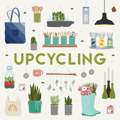 Set of upcycling elements. Handmade and DIY secondary use. Ecological, reasonable consumption and sustainable life concept. Hand drawn vector illustration