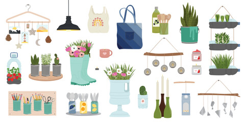 Set of upcycling elements. Handmade and DIY secondary use. Ecological, reasonable consumption and sustainable life concept. Hand drawn vector illustration