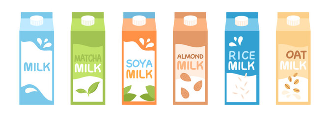 Different types of alternative milk set. Milk packaging in flat style. Oat, soy, rice milk. Almond milk. Matcha.