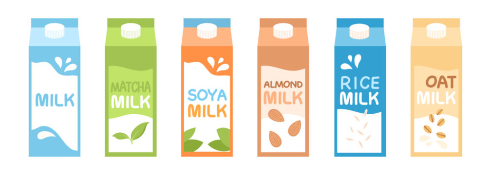 Different types of alternative milk set. Milk packaging in flat style. Oat, soy, rice milk. Almond milk. Matcha.