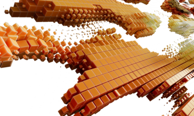 3D render of abstract orange cubes flowing dynamic data stream. Technology background.
