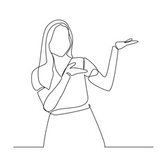 continuous line drawing of standing business woman show presentation gesture. Vector illustration sketch art editable stroke