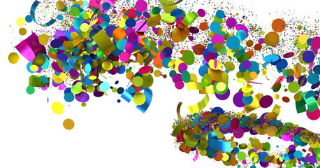 Vibrant 3D render of colorful confetti and ribbons, ideal for festive backgrounds and celebrations.