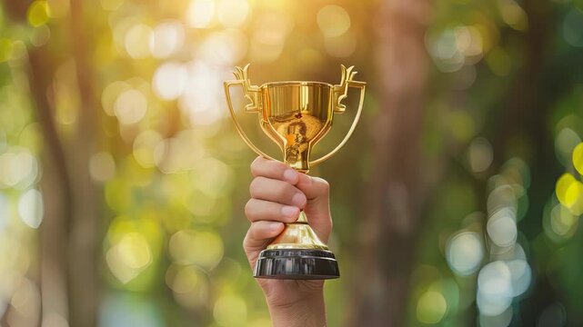 A hand proudly raises a shiny trophy against a backdrop of soft sunlight filtering through trees, symbolizing success and achievement