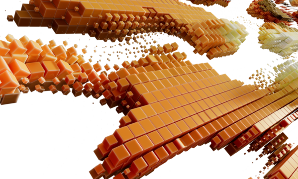 3D render of abstract orange cubes flowing dynamic data stream. Technology background.