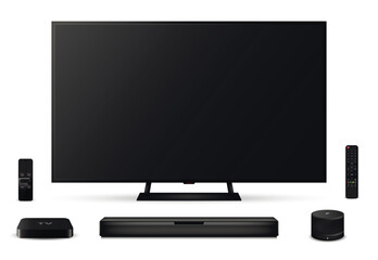 Realistic oled tv screen with remote control, sound bar, set-top box and smart speaker isolated on white background