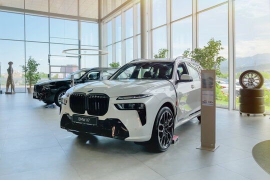 Almaty, Kazakhstan - May 29, 2025: New white BMW X7 is in the showroom