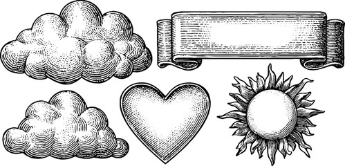Vintage engraved cloud and sun illustration set with heart and banner for design