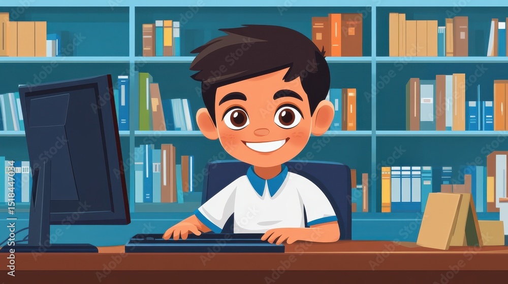 Poster young happy schoolboy using computer. arab child learning to use computer at elementary school. port